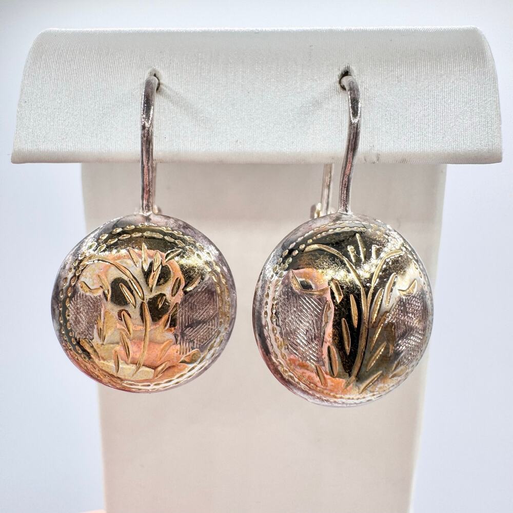 925 CI Thailand Etched Puffy Dangle Earrings Two Tone Signed